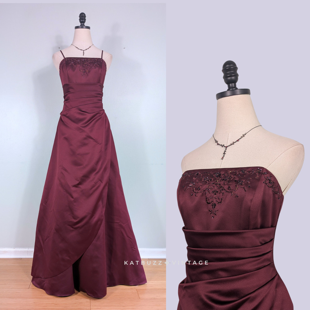 Y2K Prom Dress Maxi Gown 8 Red Princess Gothic Glam Romance Maroon Bead Embroide